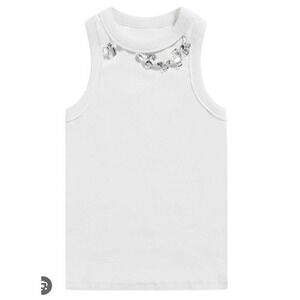 AREA Distressed Crystal Ribbed Knit Tank Top Off White Mock Neck